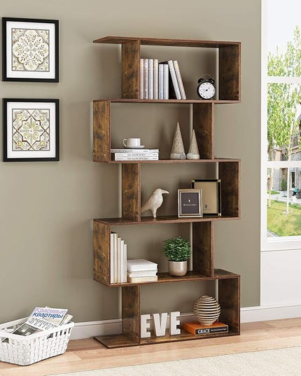 Yusong Bookshelf 5-Tier, Geometric Bookcase S Shaped Book Shelves for Bedroom, Modern Industrial Wood Decorative Display Shelf Book Case for Home Office, Rustic Brown - LeafyLoom