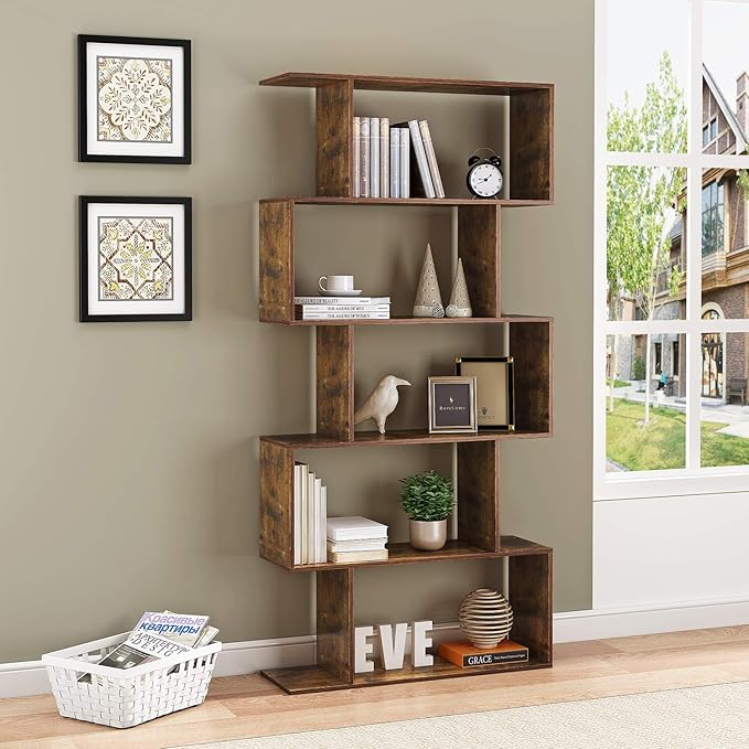 Yusong Bookshelf 5-Tier, Geometric Bookcase S Shaped Book Shelves for Bedroom, Modern Industrial Wood Decorative Display Shelf Book Case for Home Office, Rustic Brown - LeafyLoom