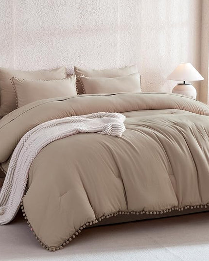 Litanika King Size Comforter Set Taupe,3 Pieces Taupe Boho Pom Pom Lightweight Bed Comforter, All Season Soft Solid Color Bedding Comforter Sets (1 Comforter 104x90 Inch, 2 Pillowcases) - LeafyLoom