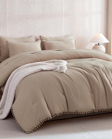 Litanika Queen Size Comforter Set Taupe,3 Pieces Taupe Boho Pom Pom Lightweight Bed Comforter, All Season Soft Solid Color Bedding Comforter Sets (1 Comforter 90x90 Inch, 2 Pillowcases) - LeafyLoom