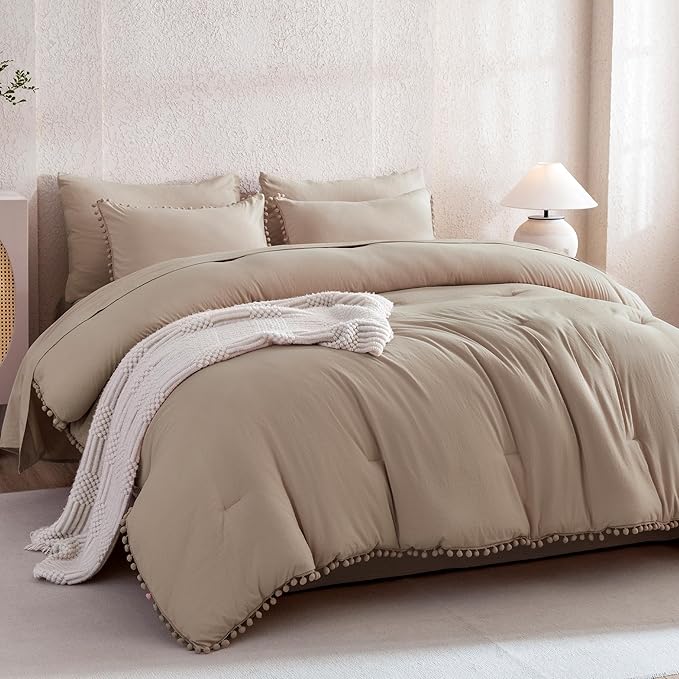 Litanika Queen Size Comforter Set Taupe,3 Pieces Taupe Boho Pom Pom Lightweight Bed Comforter, All Season Soft Solid Color Bedding Comforter Sets (1 Comforter 90x90 Inch, 2 Pillowcases) - LeafyLoom