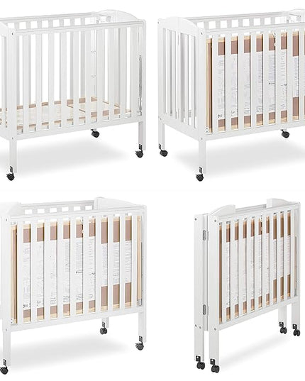 3 in 1 Portable Folding Stationary Side Crib in White, Greenguard Gold Certified, Safety Wheel with Locking Casters, Convertible, 3 Mattress Heights - LeafyLoom