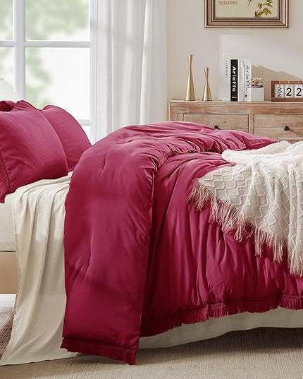 Andency Burgundy Red Tassel Comforter Set Full(79x90Inch), 3 Pieces(1 boho Comforter, 2 Pillowcases) Farmhouse Shabby Chic Comforter Set, Soft Microfiber Lightweight Fringe Bedding Comforter Set - LeafyLoom