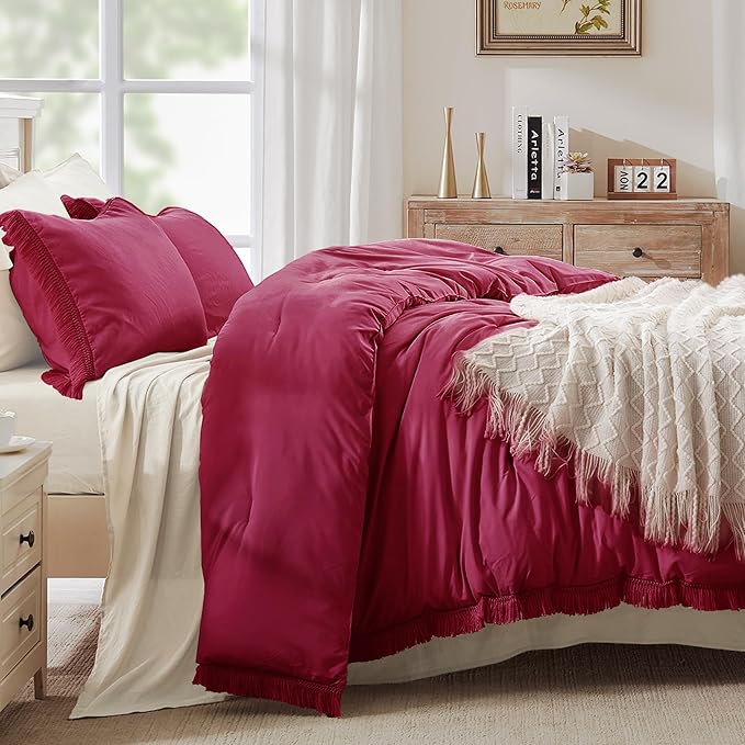 Andency Burgundy Red Tassel Comforter Set Full(79x90Inch), 3 Pieces(1 boho Comforter, 2 Pillowcases) Farmhouse Shabby Chic Comforter Set, Soft Microfiber Lightweight Fringe Bedding Comforter Set - LeafyLoom