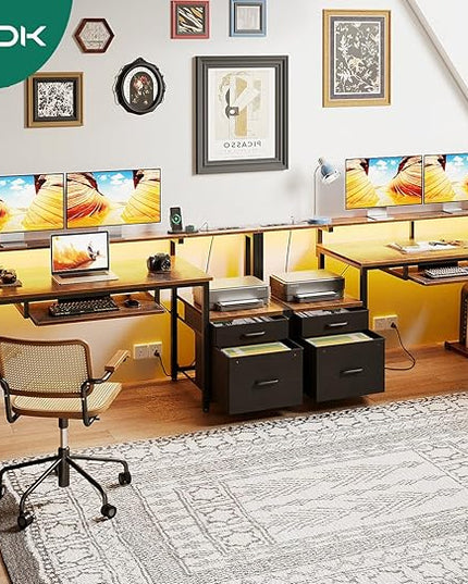 AODK 55 Inch Computer Desk with Power Outlets and LED Light, Reversible Office Desk with File Cabinet & Drawer, Gaming Desk with Keyboard Tray and Full Monitor Riser and PC Stand, Study Table, Vintage - LeafyLoom