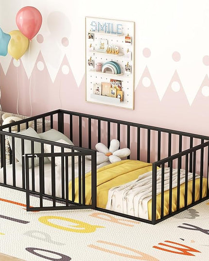 RITSU Twin Size Metal Floor Fence Bed, Montessori Bedframe, with Safety Guardrail and Door, for Children Bedroom, Boys Girls, Apartment, Strong & Durable, Easy to Assemble, Black - LeafyLoom