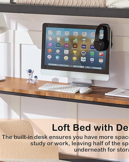 VECELO Metal Loft Bed Twin Size with Desk, Heavy Duty Bedframe with Removable Ladder and Safety Guardrail, Space-Saving, Noise Free, No Box Spring Needed, Black - LeafyLoom