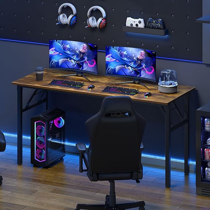 Need Home Office Desk Large Computer Desk 60 inch Sturdy Table Foldable Desk Gaming Computer Table No Assembly Required, Rustic Brown&Black Frame AC5FB(152.4 * 60) - LeafyLoom