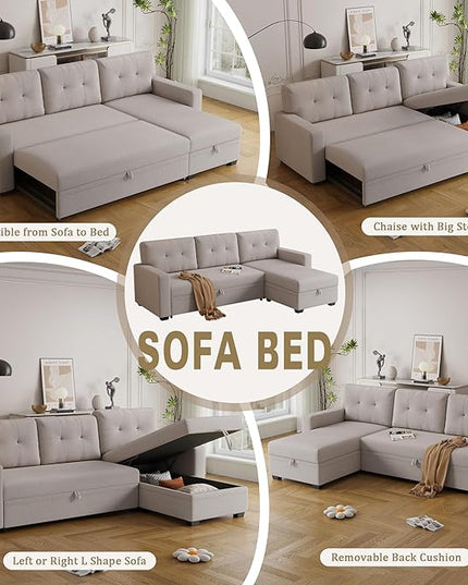 82" Sectional Sofa with Storage Chaise & Pull-Out Bed,L-Shape Convertible 3 Seater Couch W/Tufted Backrest,Reversible Sleeper for Living Room Apartment Office, Beige3 - LeafyLoom