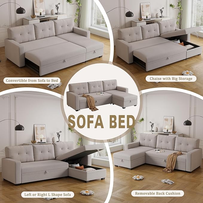 82" Sectional Sofa with Storage Chaise & Pull-Out Bed,L-Shape Convertible 3 Seater Couch W/Tufted Backrest,Reversible Sleeper for Living Room Apartment Office, Beige3 - LeafyLoom
