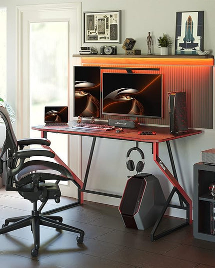 CubiCubi Simple Gaming Desk Z Shaped 47 inch Gamer Workstation, Home Computer Carbon Fiber Surface Gaming Desk PC Table with Headphone Hook - LeafyLoom