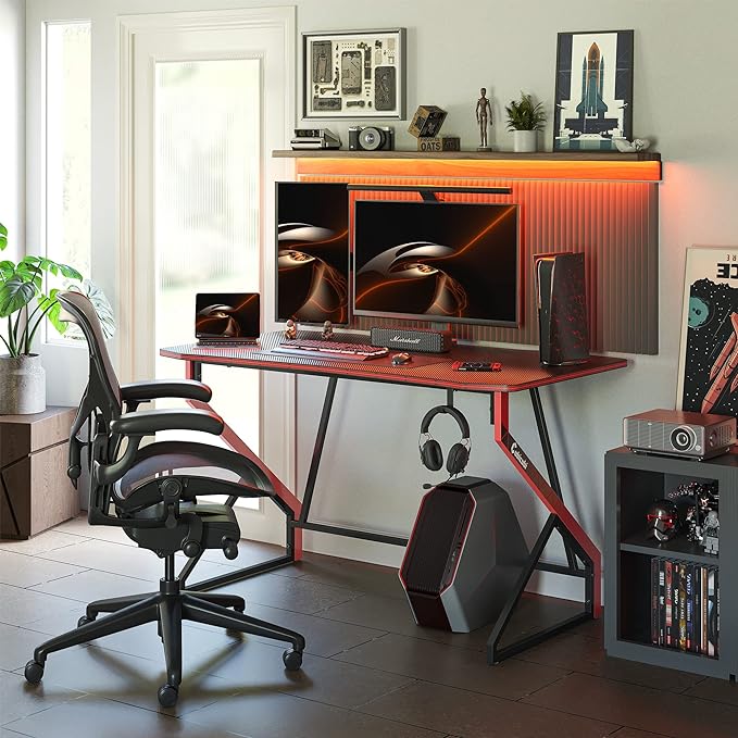 CubiCubi Simple Gaming Desk Z Shaped 47 inch Gamer Workstation, Home Computer Carbon Fiber Surface Gaming Desk PC Table with Headphone Hook - LeafyLoom