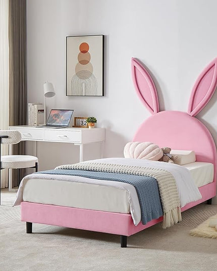VECELO Kids Twin bed Frame with Upholstered Headboard, Princess Beds for Girls, 12 Wooden Slats Support, No Boxing Spring Needed - LeafyLoom