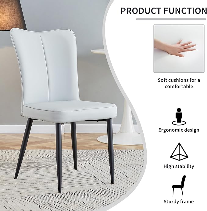 Modern Dining Chairs Set of 2, PU Leather Seat Cushions Light Gray Dining Room Chair, with Black Metal Legs Kitchen Chair for Home Living Room, Restaurant, Light Gray Chair Black Legs - LeafyLoom