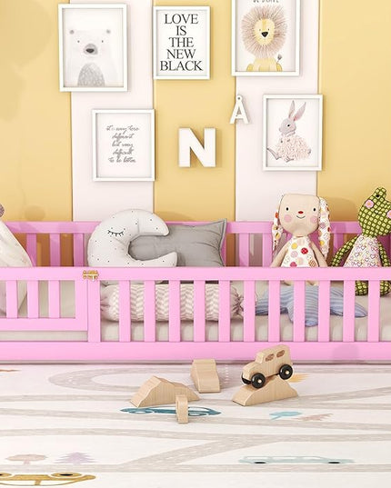 Multifunctional Twin Size Floor Bed with Safety Guardrails and Door, Removable Wood Slats, Montessori Beds Frame for Toddlers, for Boys and Girls, Pink - LeafyLoom