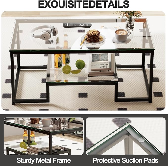 Coffee Table Black Glass Coffee Table for Living Room,2 Tiers Rectangle Center Table with Sturdy Metal Frame,Modern Tempered Glass Accent Table for Bedroom Home Office - LeafyLoom