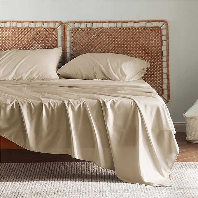 Bedsure California King Sheet Sets, Cooling Sheets, Rayon Derived from Bamboo, Deep Pocket Up to 16", Breathable & Soft Bed Sheets, Hotel Luxury Silky Bedding Sheets & Pillowcases, Beige - LeafyLoom