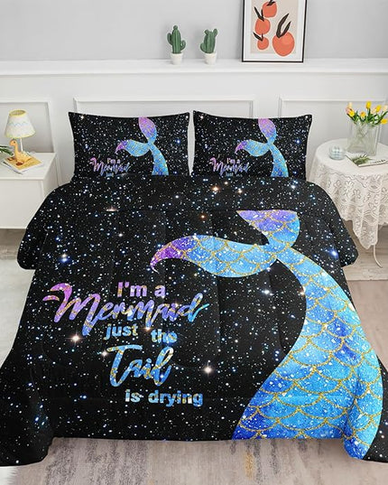 Datura home Bedding Comforter Set Black Starry Sky Mermaid Printed Pattern Quilt with 1 and 2 Pillowcases for Girls Bedroom All Season(Black Full) Full 80x90inches - LeafyLoom