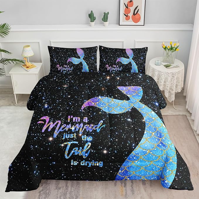 Datura home Bedding Comforter Set Black Starry Sky Mermaid Printed Pattern Quilt with 1 and 2 Pillowcases for Girls Bedroom All Season(Black Twin) Twin 68x86inches - LeafyLoom