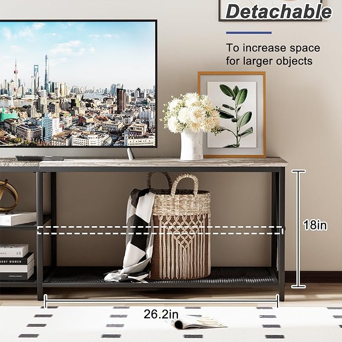 TV Stand for 60 65 Inch TV, Long 55" Entertainment Center 3-Tier TV Console Steel Frame Industrial Style TV Cabinet with Metal Frame for Living Room, Gray - LeafyLoom