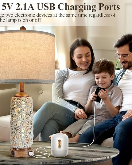 Coastal Nautical Lamp Farmhouse Table Lamps for Living Room Bedroom， Bedside Lamp with Dual USB Port，26.5'' Tall Nightstand Lamps - LeafyLoom