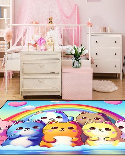 Cat Rainbow Rug for Girls Bedroom - Colorful Cat Area Rug Cat Rainbow Printed Carpet for Kids Room Cute Cartoon Cat Rug Home Decor, 4x5 Feet - LeafyLoom