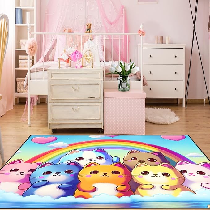 Cat Rainbow Rug for Girls Bedroom - Colorful Cat Area Rug Cat Rainbow Printed Carpet for Kids Room Cute Cartoon Cat Rug Home Decor, 4.5x6 Feet - LeafyLoom