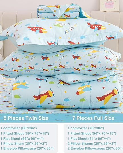 Mooreeke Bed in a Bag for Kids Boys Teens, 7 Pieces Full Size Aircraft Print Comforter Bed Set with Shams, Sheet Set, Airplane Blue Super Soft Microfiber Kids Comforter Bedding Set - LeafyLoom