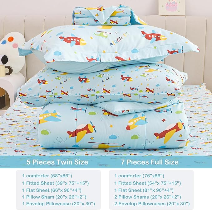 Mooreeke Bed in a Bag for Kids Boys Teens, 7 Pieces Full Size Aircraft Print Comforter Bed Set with Shams, Sheet Set, Airplane Blue Super Soft Microfiber Kids Comforter Bedding Set - LeafyLoom