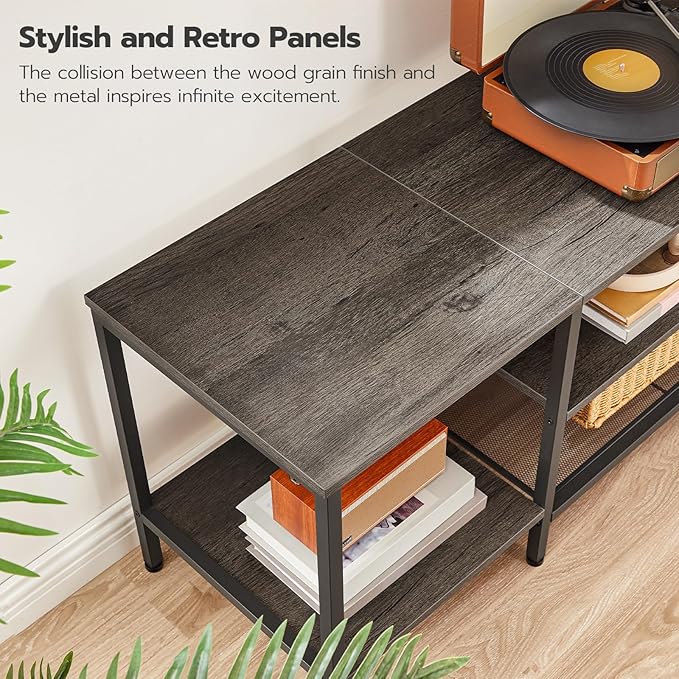 HOOBRO TV Stand with Power Outlets to 75 Inches, TV Console Table with Open Storage Shelves Cabinet, Industrial Media Entertainment Center for Living Room Bedroom, Charcoal Gray and Black BC60DS01 - LeafyLoom