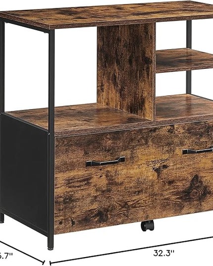 VASAGLE Lateral File Cabinet with Open Shelves and Drawer Mobile Filing Cabinet with Wheels - LeafyLoom