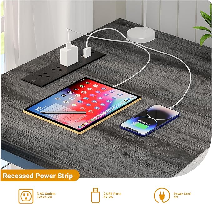 47 Inch Computer Desk with Magic Power Outlets, Modern Office Desk with USB Charging Ports, Sturdy Study Writing Desk, Laptop PC Gaming Table for Bedroom Workstation, Black Oak, 2 Pack - LeafyLoom