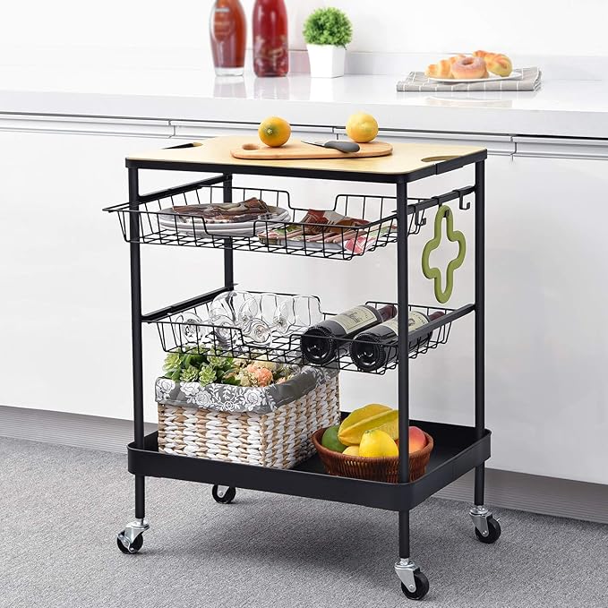 TOOLF Kitchen Island Serving Cart with Utility Wood Tabletop, 4-Tier Rolling Storage Cart with 2 Basket Drawers, Kitchen Cart with Wheels for Home, Dining Room, Bar, Restaurant, Hotel - LeafyLoom