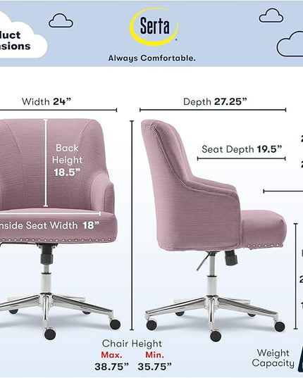 Serta Leighton Modern Office Chair, Stylish Mid-Back Desk Chair, Rivet Detail, Serta Quality Memory Foam, Armchair with Wheels, Vanity Chair, Swivel Chrome Metal Base, Twill Fabric, Lilac Purple - LeafyLoom