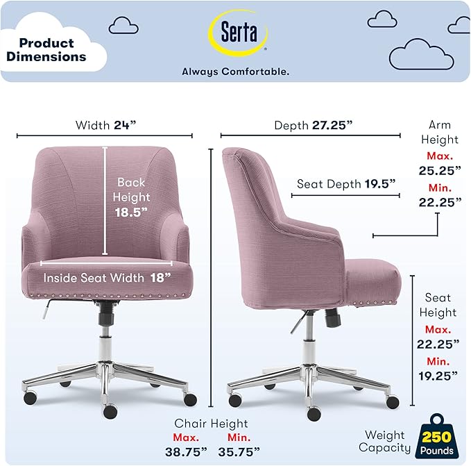 Serta Leighton Modern Office Chair, Stylish Mid-Back Desk Chair, Rivet Detail, Serta Quality Memory Foam, Armchair with Wheels, Vanity Chair, Swivel Chrome Metal Base, Twill Fabric, Lilac Purple - LeafyLoom