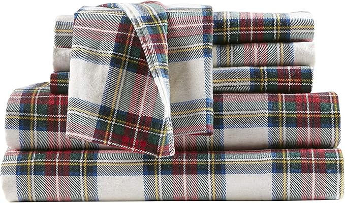 Comfort Spaces Cotton Flannel Breathable Warm Deep Pocket Sheets with Pillow Case Bedding, Cal King, Scottish Plaid Red, 4 Piece - LeafyLoom