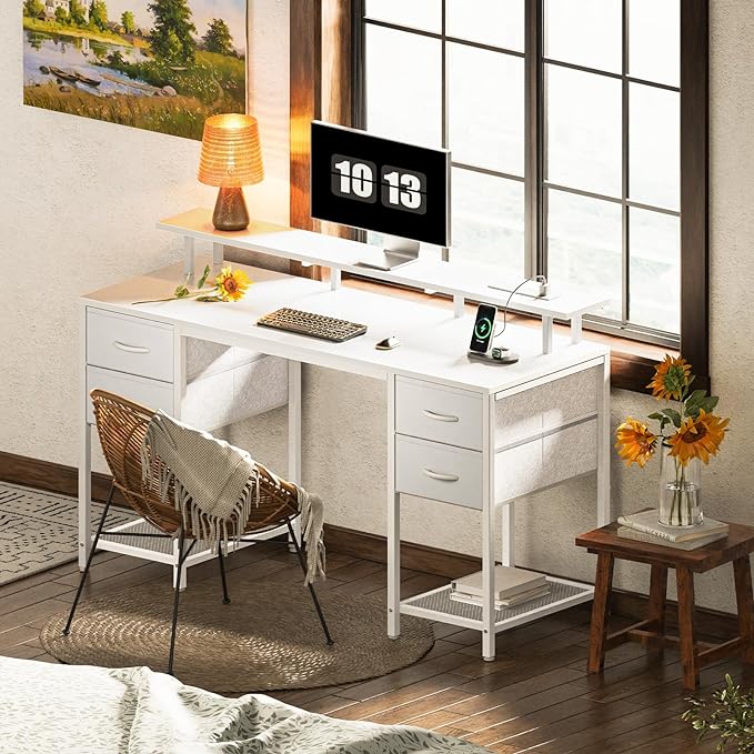 55 inch Computer Desk with 4 Drawers, Gaming Desk with LED Lights & Power Outlets, Home Office Desk with Large Storage Space for Bedroom, Work from Home, White - LeafyLoom