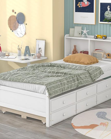 Platform Bed Twin Size with Bookcase Headboard, Trundle and 3 Drawers, Wooden Storage Bedframe for Kids Teens Adults Bedroom - LeafyLoom