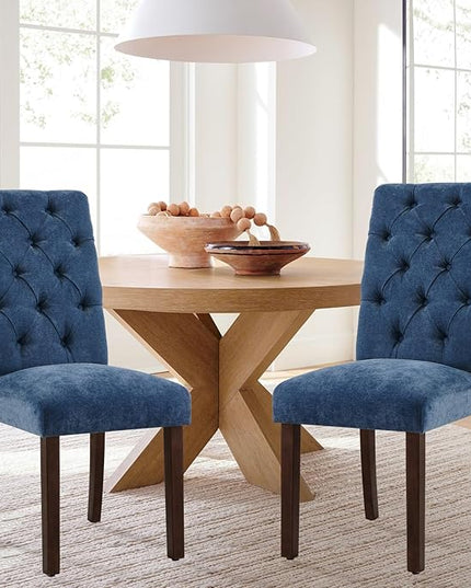COLAMY Button Tufted Dining Chairs Set of 4, Parsons Upholstered Fabric Dining Room Chairs Kitchen Chairs with Wood Legs and Padded Seat, Blue - LeafyLoom