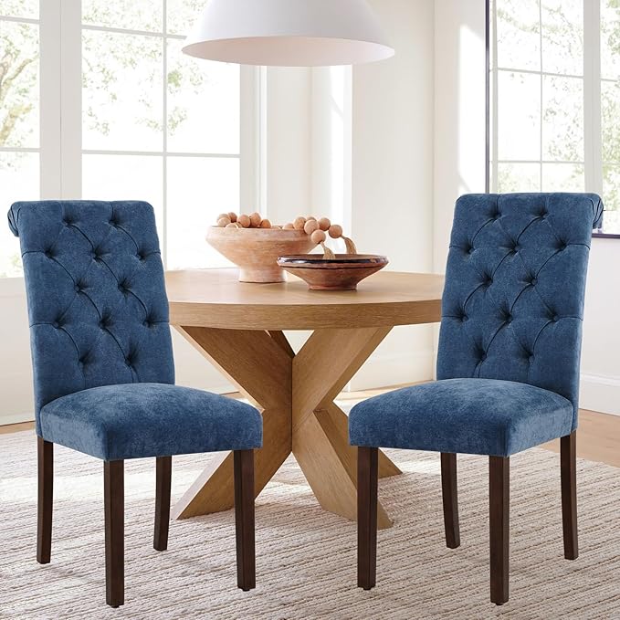 COLAMY Button Tufted Dining Chairs Set of 4, Parsons Upholstered Fabric Dining Room Chairs Kitchen Chairs with Wood Legs and Padded Seat, Blue - LeafyLoom