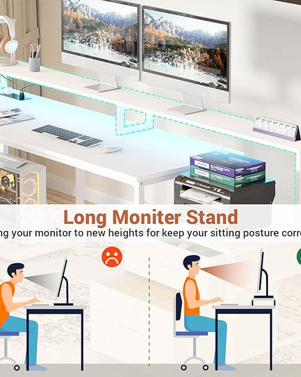Aheaplus L Shaped Desk with File Drawer, 72.8" Reversible L Shaped Computer Desk with Power Outlet & LED Strip, Gaming Desk with Long Monitor Stand, Office Desk Corner Desk with Storage Shelf, White - LeafyLoom