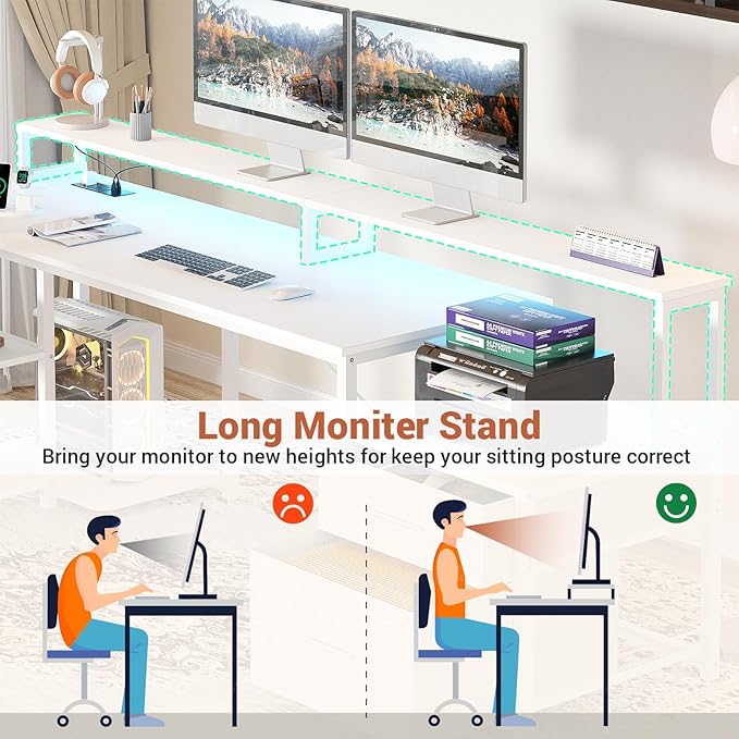 Aheaplus L Shaped Desk with File Drawer, 72.8" Reversible L Shaped Computer Desk with Power Outlet & LED Strip, Gaming Desk with Long Monitor Stand, Office Desk Corner Desk with Storage Shelf, White - LeafyLoom