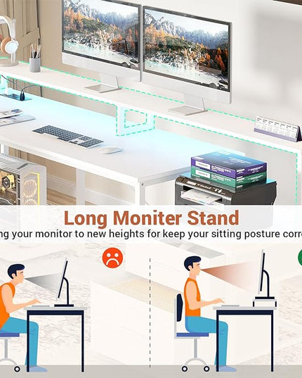 Aheaplus L Shaped Desk with File Drawer, 66" Reversible L Shaped Computer Desk with Power Outlet & LED Strip, Gaming Desk with Long Monitor Stand, Office Desk Corner Desk with Storage Shelf, White - LeafyLoom