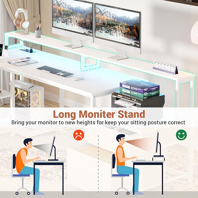 Aheaplus L Shaped Desk with File Drawer, 66" Reversible L Shaped Computer Desk with Power Outlet & LED Strip, Gaming Desk with Long Monitor Stand, Office Desk Corner Desk with Storage Shelf, White - LeafyLoom