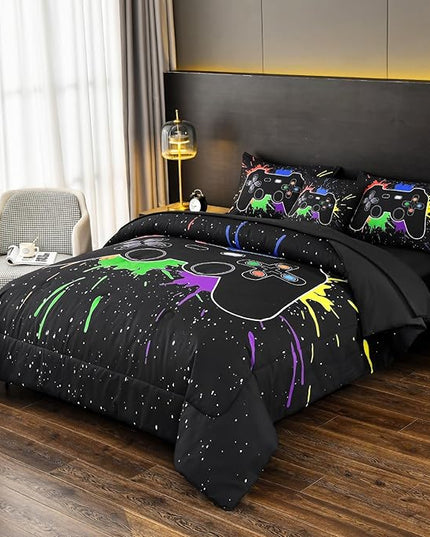DORCAS Twin Size Gamer Comforter Set with Sheets for Boys,Game Console Black Bedding Set for Kids,6 Pieces Bedding Set Boys Colorful Graffiti Gaming Comforter,Sheets,Pillowcases (Black, Twin) - LeafyLoom