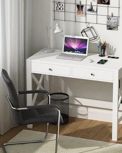 ChooChoo Computer Desk with USB Charging Ports and Power Outlets, 39" White Desk with Drawers, Small Study Writing Table with Stable X Frame for Home Office - LeafyLoom