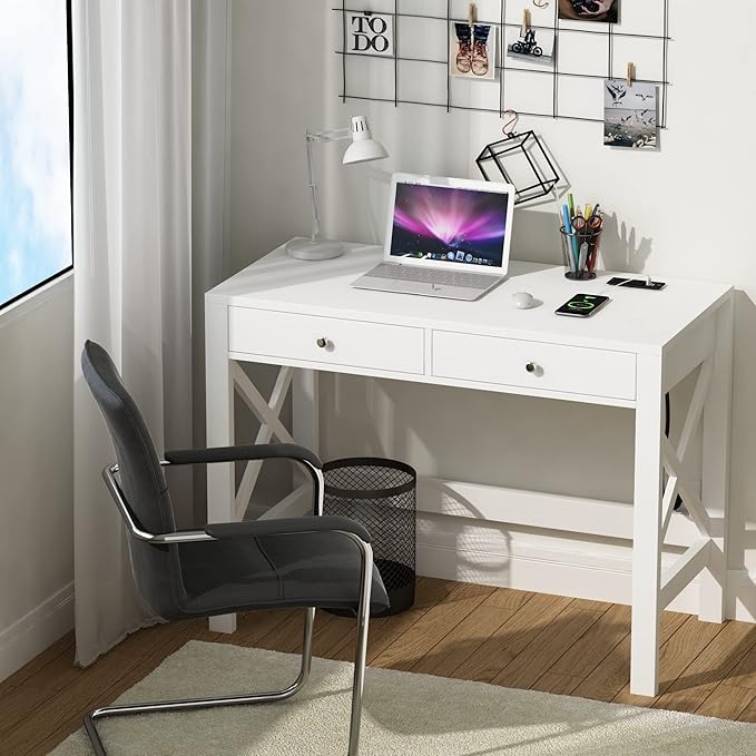ChooChoo Computer Desk with USB Charging Ports and Power Outlets, 39" White Desk with Drawers, Small Study Writing Table with Stable X Frame for Home Office - LeafyLoom