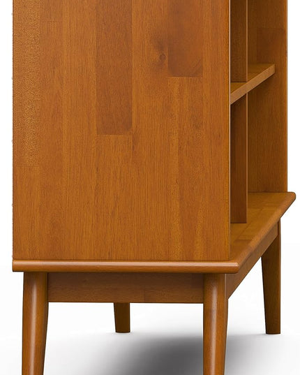 SIMPLIHOME Draper SOLID HARDWOOD 30 inch x 64 inch Mid Century Modern Low Bookcase in Teak Brown for The Living Room, Study Room and Office - LeafyLoom