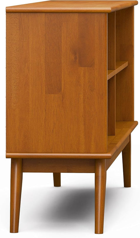 SIMPLIHOME Draper SOLID HARDWOOD 30 inch x 64 inch Mid Century Modern Low Bookcase in Teak Brown for The Living Room, Study Room and Office - LeafyLoom