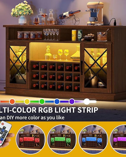 DWVO Wine Bar Cabinet with LED Light, 58'' Large Wine Cabinet w/Storage, Tempered Glass Doors, Adjustable Shelf, 32'' Tall Coffee Bar for Living Room, Dining Room, Rustic Brown - LeafyLoom